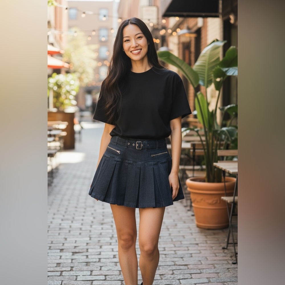 Generation K Black Denim Pleated Mini Skirt with Belt